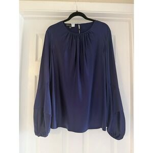 Lafayette 148 Navy Blue 100% Silk Gathered Neck Balloon Sleeve Blouse Size 14